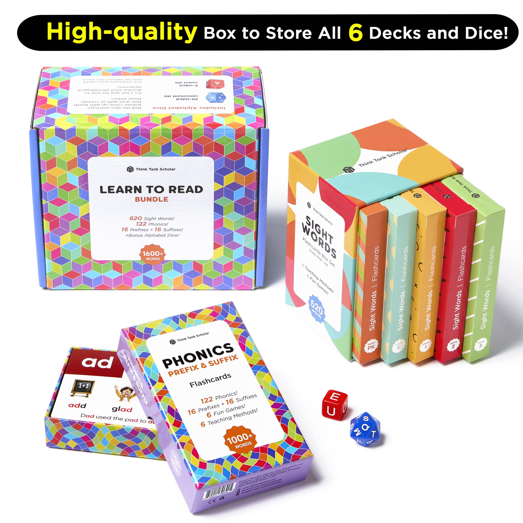 Ultimate Learn to Read Bundle – 620 Sight Words + 122 Phonics Rules with Prefixes & Suffixes – 1600+ Words, 36 Fun Games, 36 Teaching Methods, 2 Alphabet Dice – Pre-K to 3rd Grade (Ages 4-9)