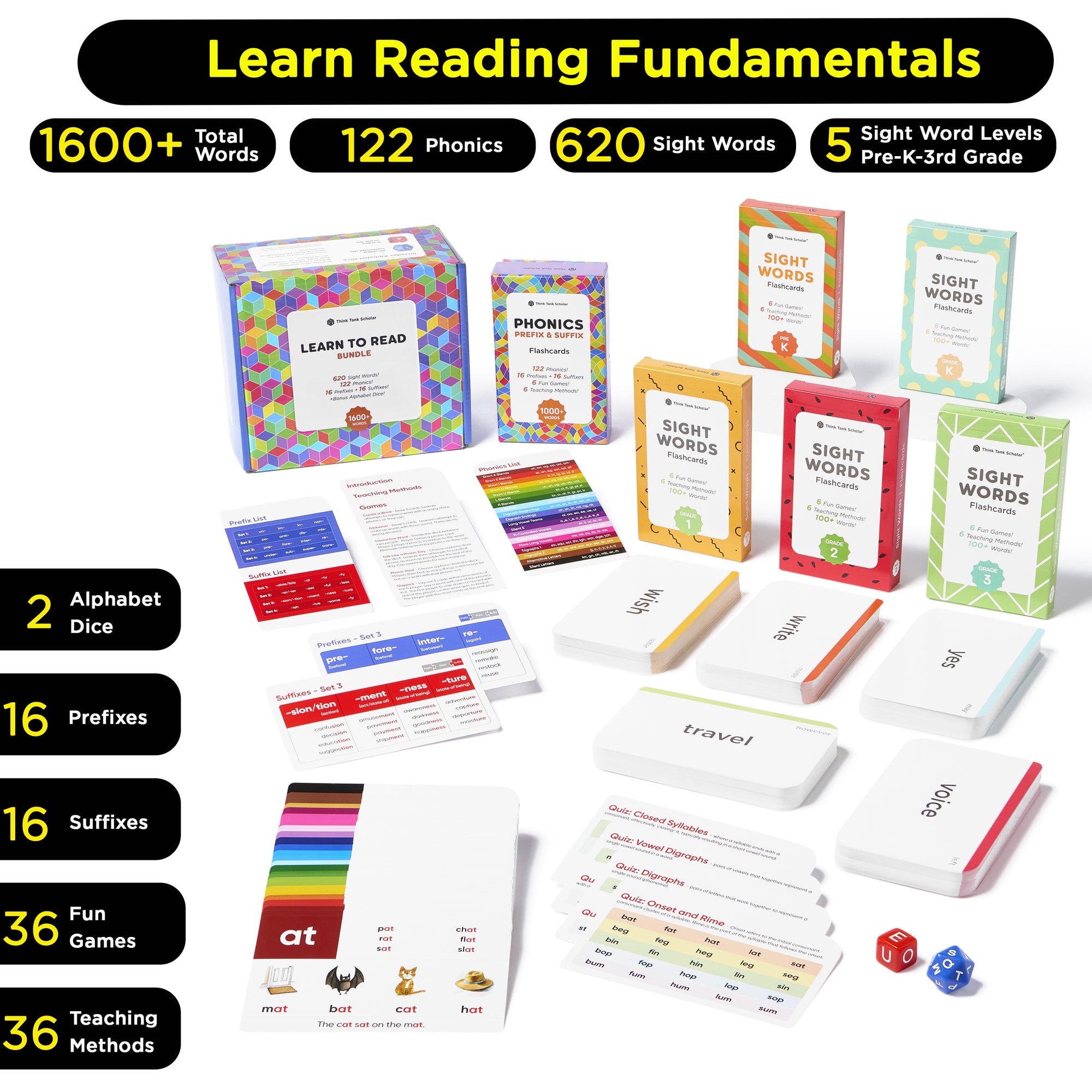 Ultimate Learn to Read Bundle – 620 Sight Words + 122 Phonics Rules with Prefixes & Suffixes – 1600+ Words, 36 Fun Games, 36 Teaching Methods, 2 Alphabet Dice – Pre-K to 3rd Grade (Ages 4-9)