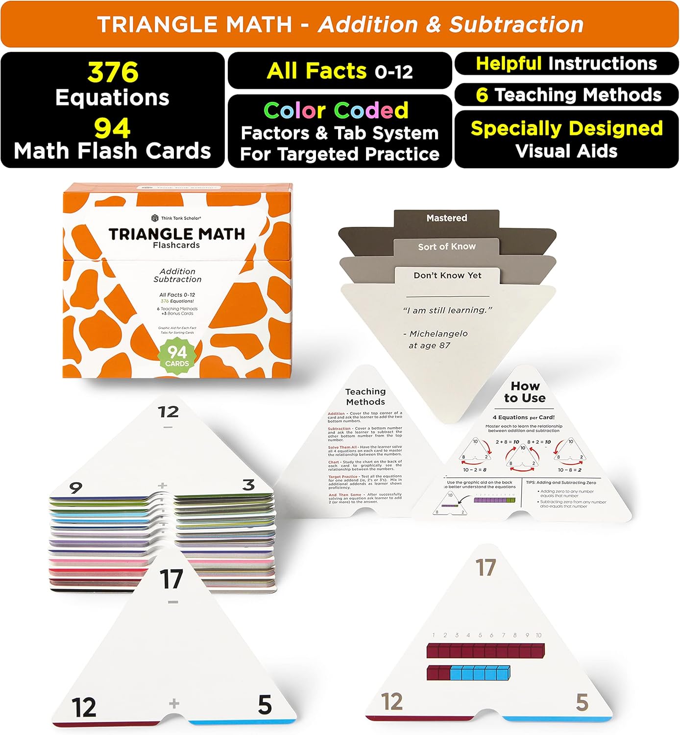 Ultimate Addition & Subtraction Math Mastery Flash Cards Bundle: 722 Equations (All Facts 0-12) for Engaging K-3rd Grade Learning - Fact Family & Single-Fact Cards, Color-Coded, Graphic Illustrations