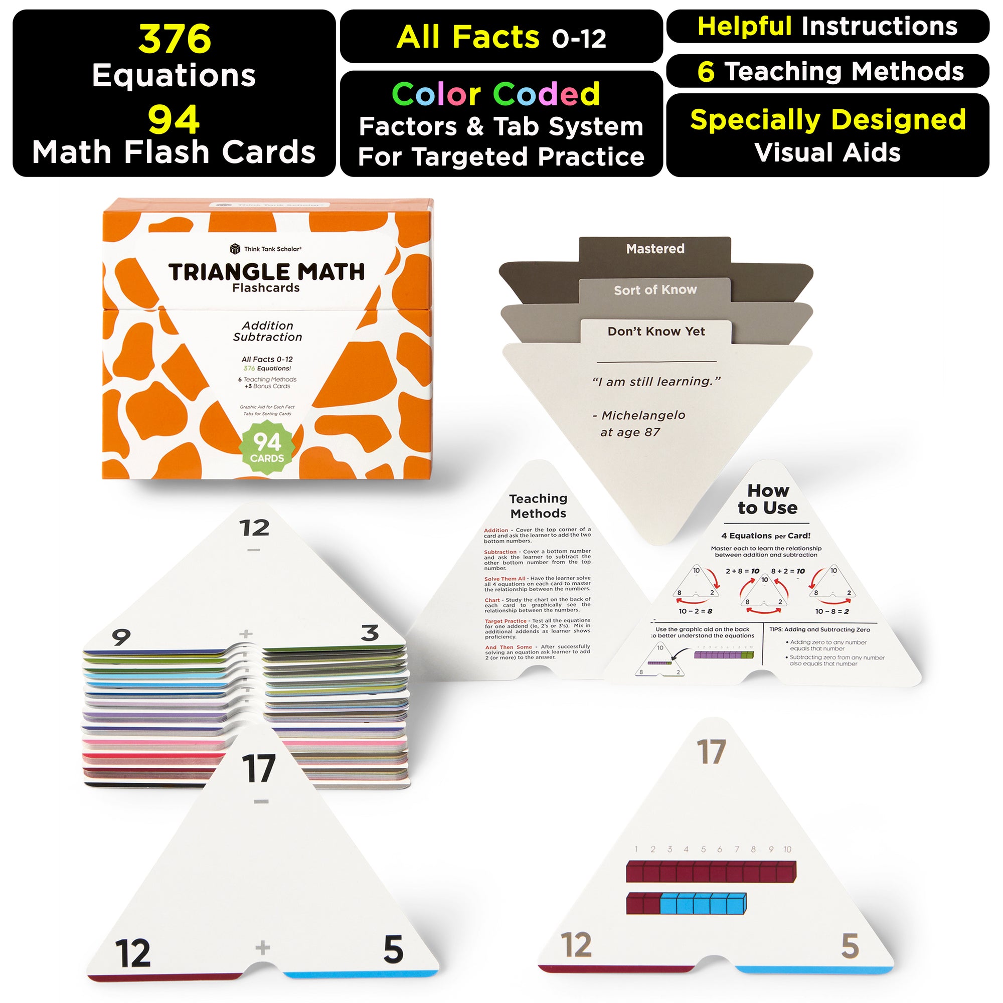 376 Equations Addition & Subtraction Flash Cards | Full Set (All Facts 0-12) | Color Coded