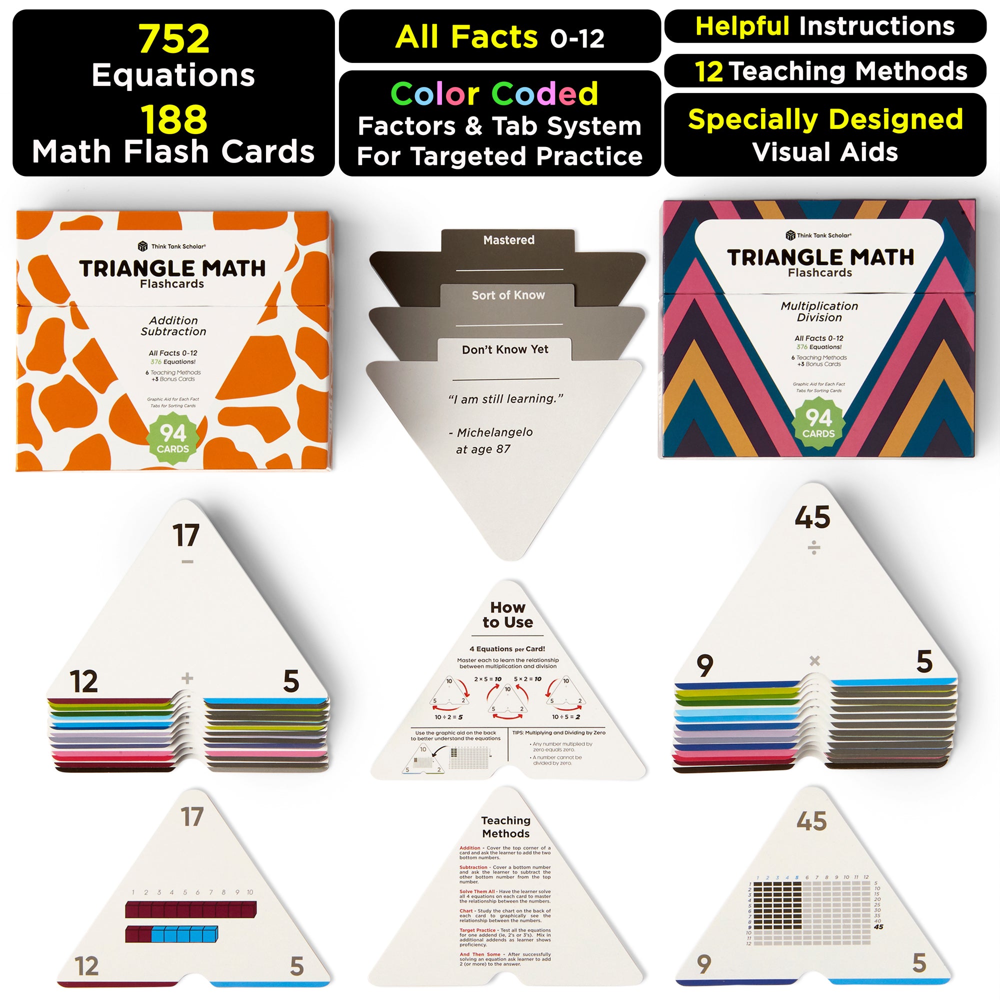 752 Equations (All Facts 0-12 Box Set): Addition, Subtraction, Multiplication, Division Flash Cards | Color Coded