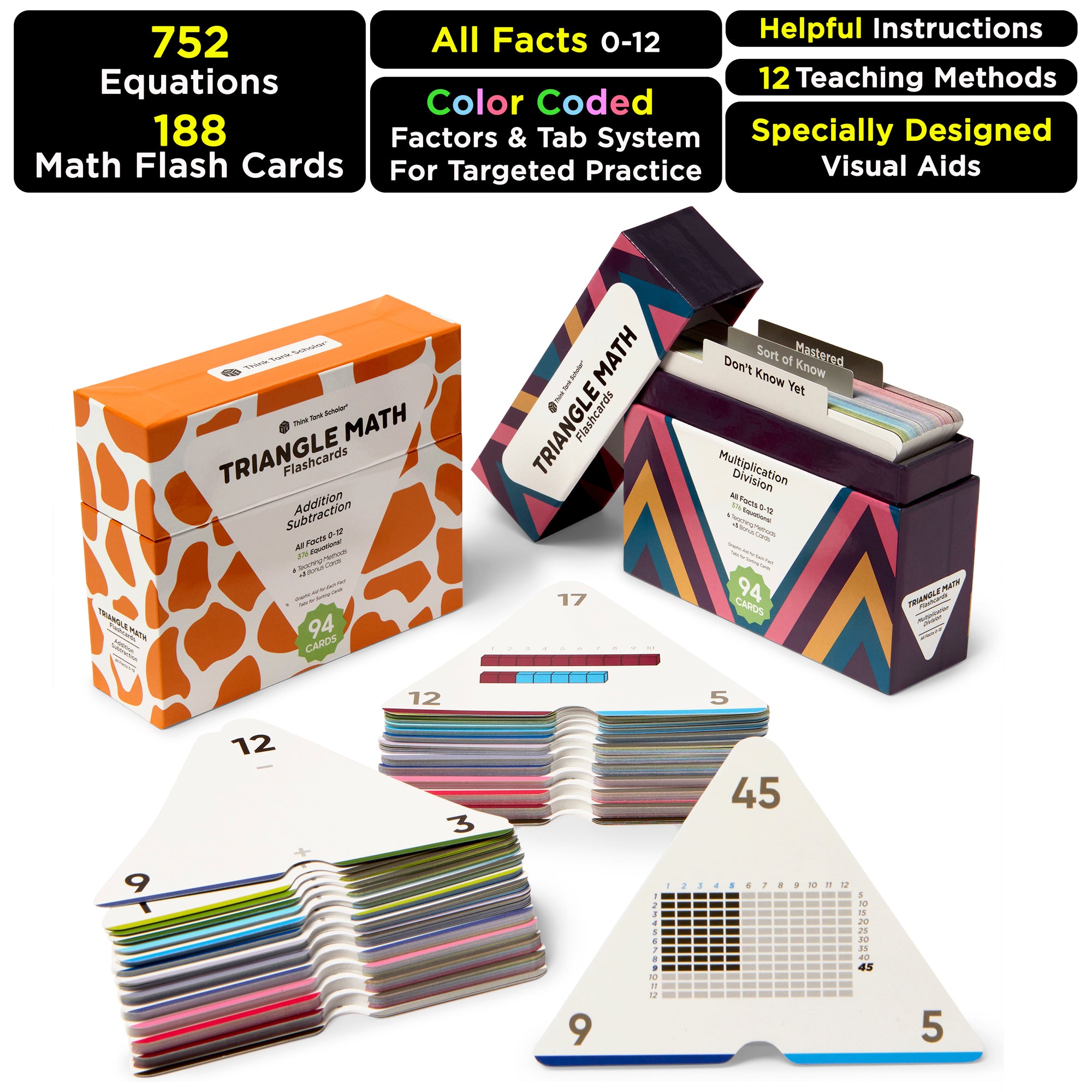 752 Equations (All Facts 0-12 Box Set): Addition, Subtraction, Multiplication, Division Flash Cards | Color Coded