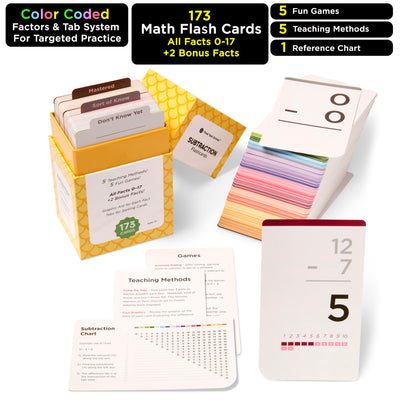 173 Subtraction Flash Cards Full Box Set  | All Facts 0-17 | Color Coded