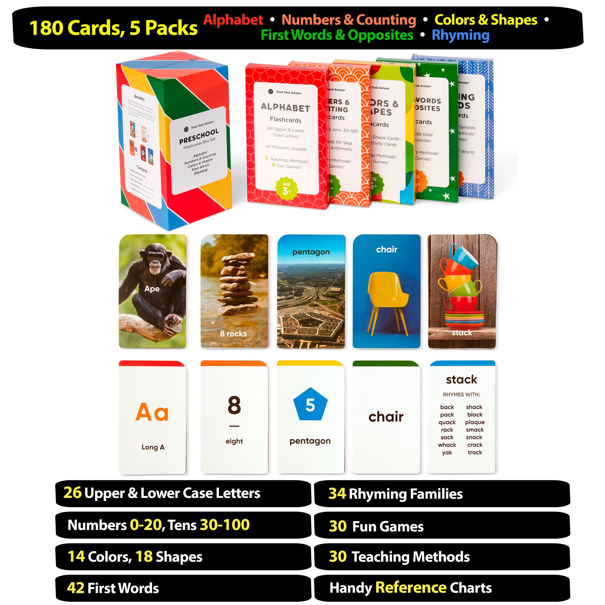 Preschool Flash Cards Bundle - Alphabet, Numbers & Counting, Colors & Shapes, First Words & Opposites & Rhyming