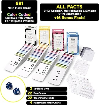 681 Math Flash Cards with Two (2) 12-Sided Dice: Addition, Subtraction, Multiplication & Division | All Facts | Games & Chart Included