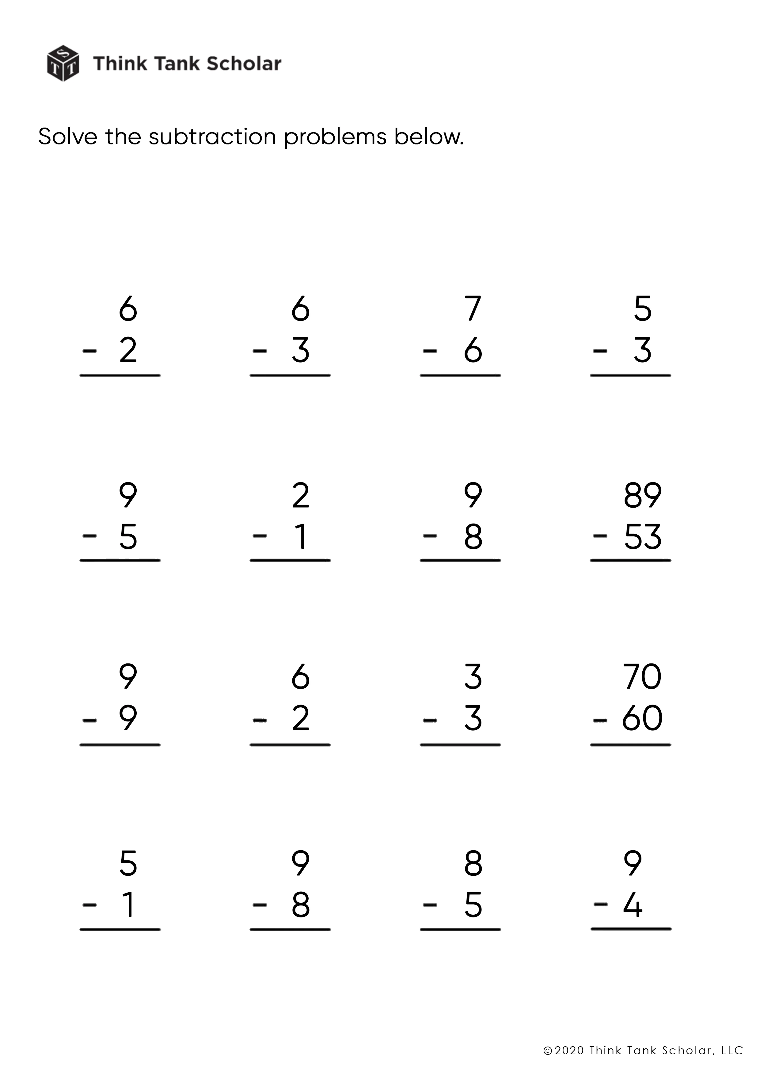 Subtraction Worksheets Exercises Printable PDF (FREE) Think Tank Scholar