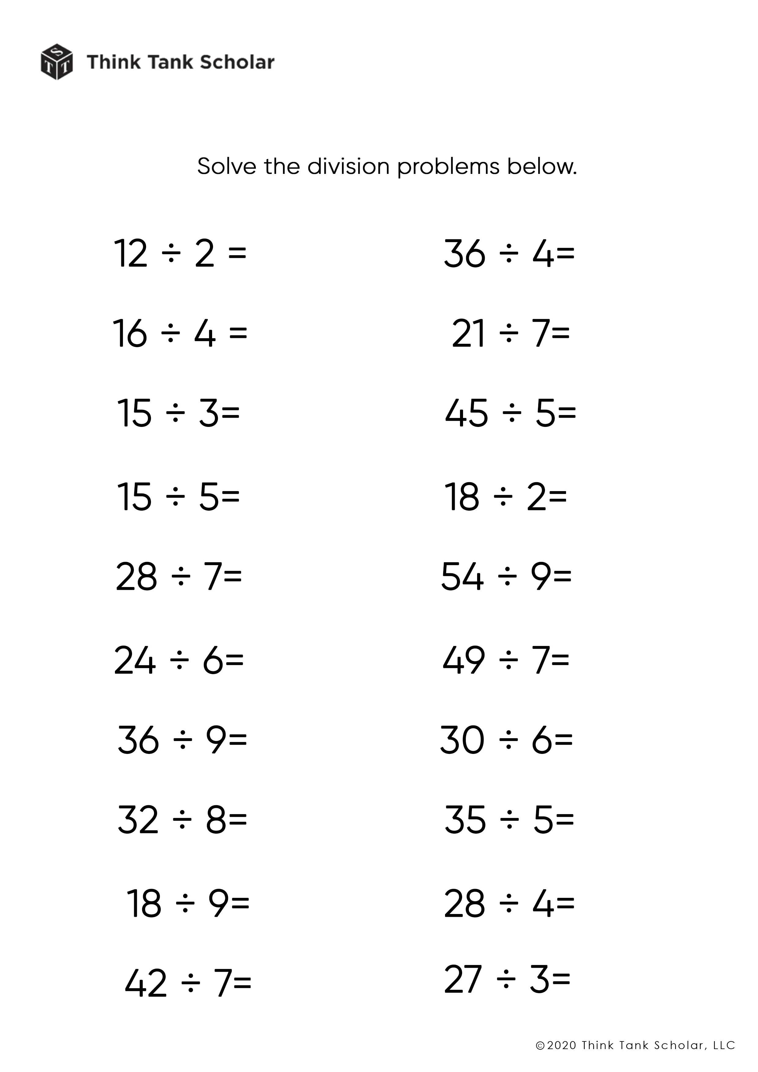 Division Worksheets Exercises Printable PDF (FREE) - Think Tank Scholar