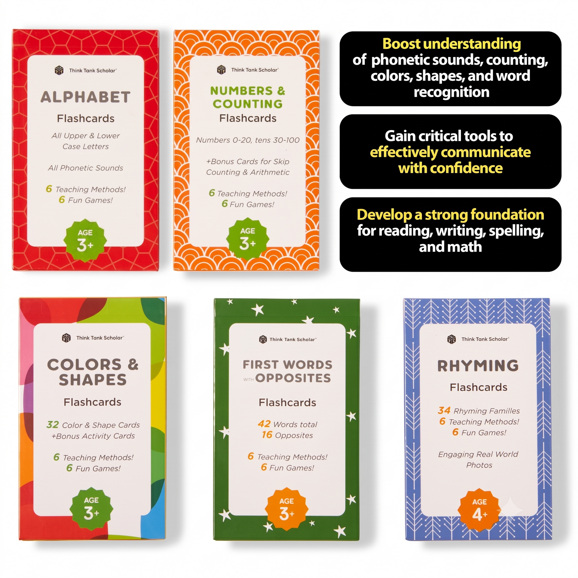 Preschool Flash Cards Bundle - Alphabet, Numbers & Counting, Colors & Shapes, First Words & Opposites & Rhyming