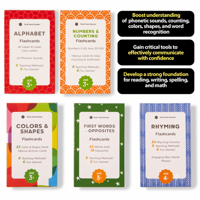 Preschool Flash Cards Bundle - Alphabet, Numbers & Counting, Colors & Shapes, First Words & Opposites & Rhyming