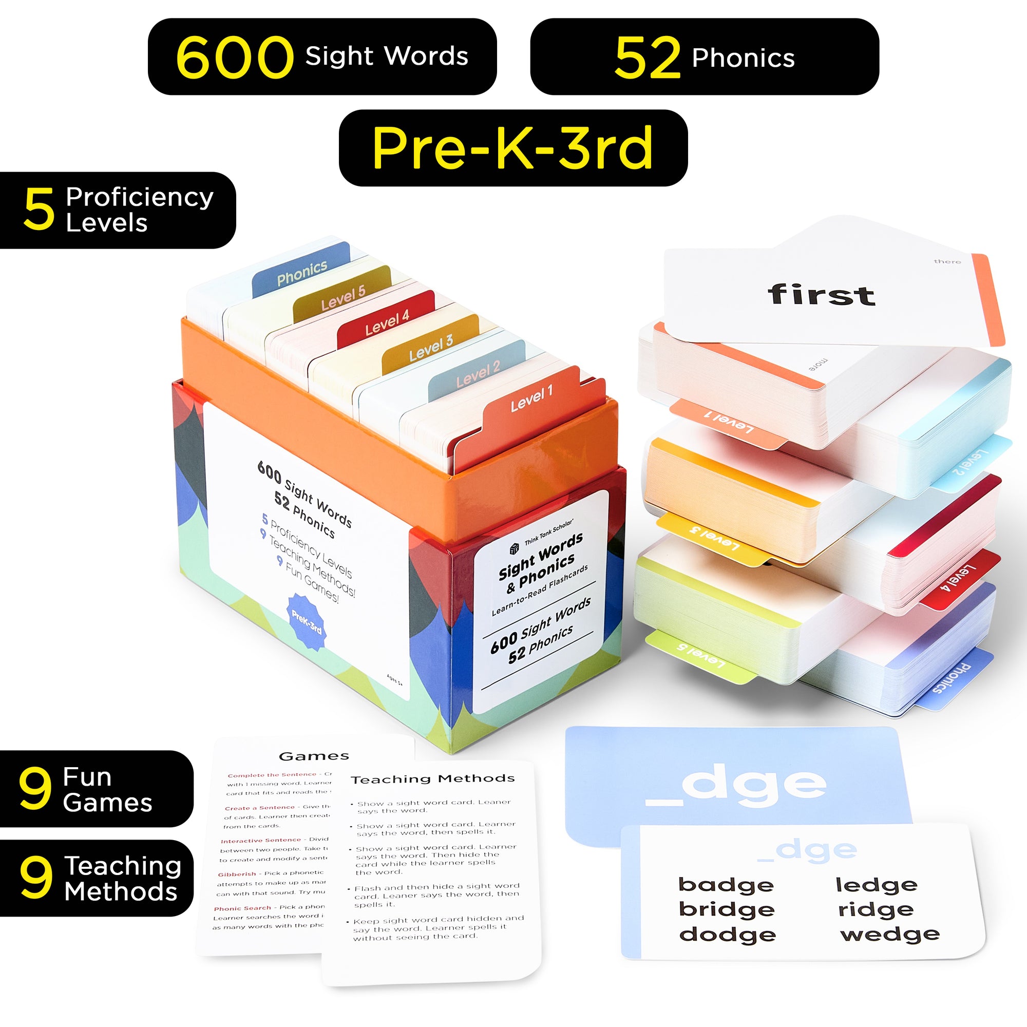 652 Sight Words/Phonics Flash Cards, Learn to Read: CVC Blends, Short/Long Vowel Sounds, Dolch & Fry High Frequency Site Words + Games: Preschool PreK Kindergarten 1st 2nd 3rd Grade