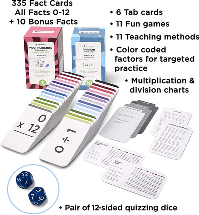 335 Multiplication & Division Flash Cards with Quizzing Dice | All Facts 0-12 | Games & Chart Included
