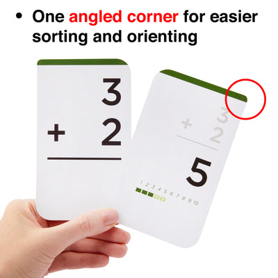 Each addition flash card comes with one angled corner for easier sorting.