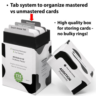 The addition flash card box comes with a tab system to organize mastered vs unmastered cards.