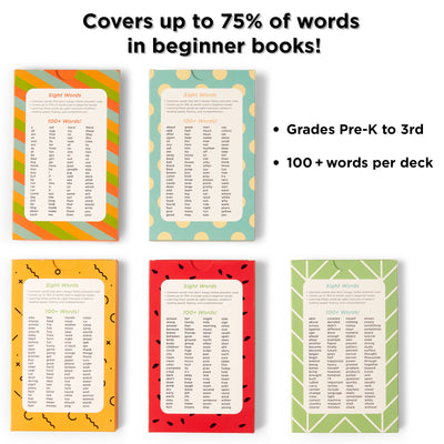 100 Sight Words per pack.  Covers 75% of words in beginner books