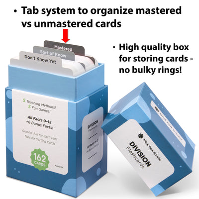 The division flash card box comes with a tab system to organize mastered vs unmastered cards.