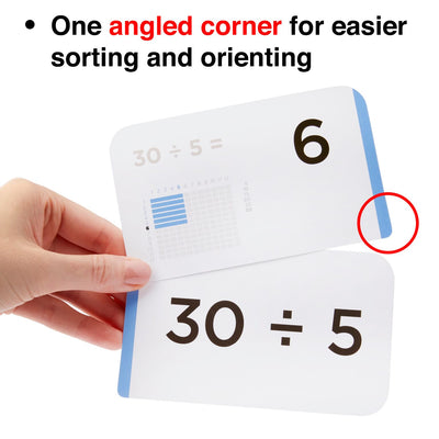 Each multiplication and division flash card comes with one angled corner for easier sorting.