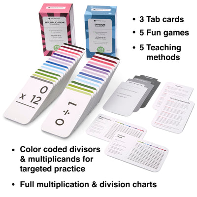The multiplication and division flash card bundle comes with 10 fun learning games and 10 teaching methods.