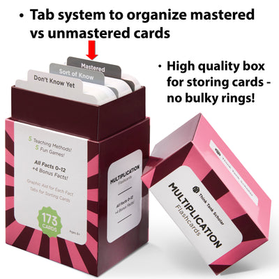 The addition, subtraction, multiplication and division flash card bundle comes with a tab system to organize mastered vs unmastered cards.
