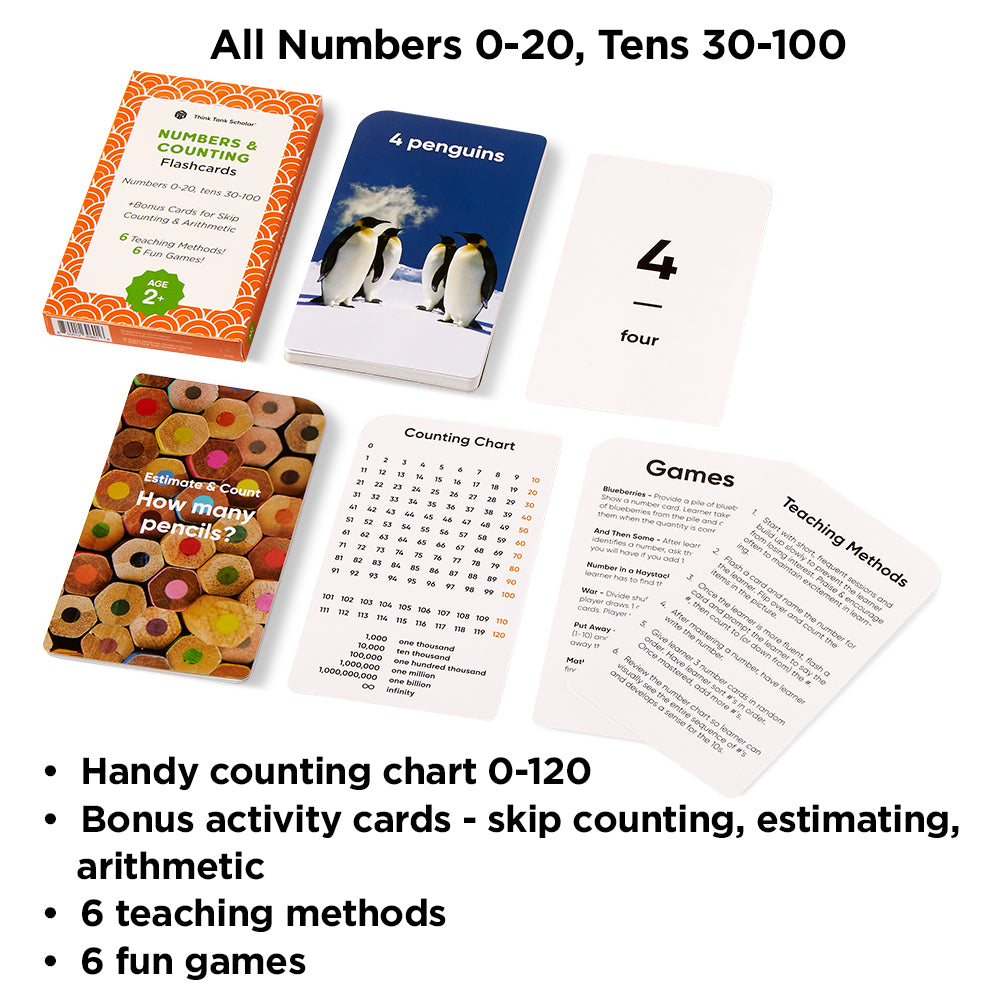 Numbers & Counting Flash Cards for Toddlers Ages 2+, Number 0-20, Tens 30-100
