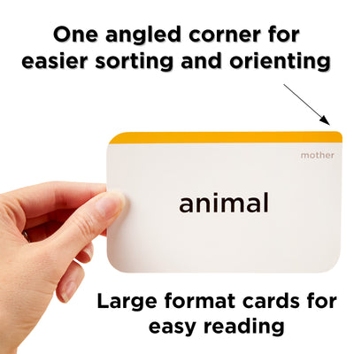 One angled corner for easier sorting and orienting. Large format flash cards for easy reading