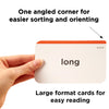 One angled corner for easier sorting and orienting. Large format flash cards for easy reading