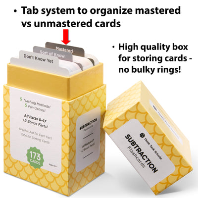 The subtraction flash card box comes with a tab system to organize mastered vs unmastered cards.